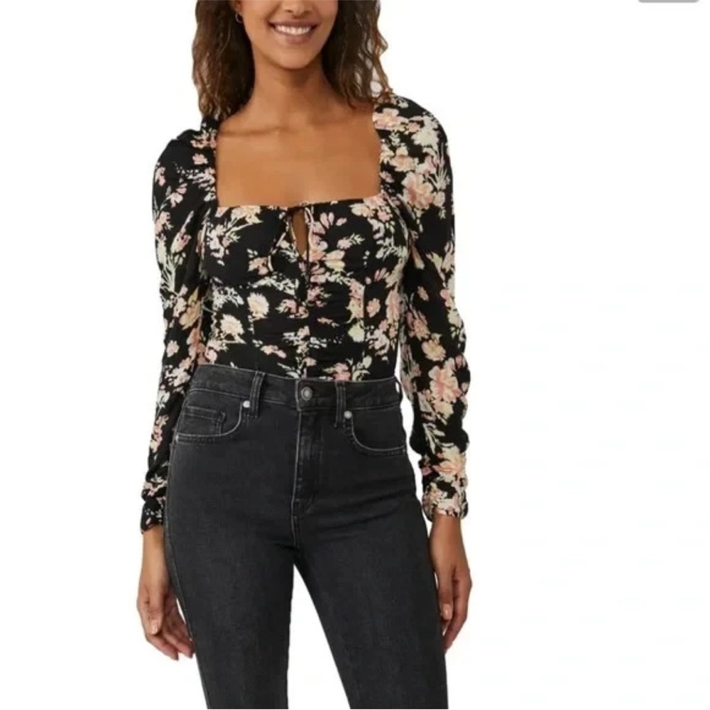 Free People Black Combo Floral Hillary Printed Top XS NWT